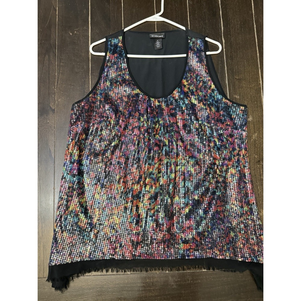 Lane Bryant Sequin Top Women 18 Multicolor Abstract Asymmetrical Fringe Party